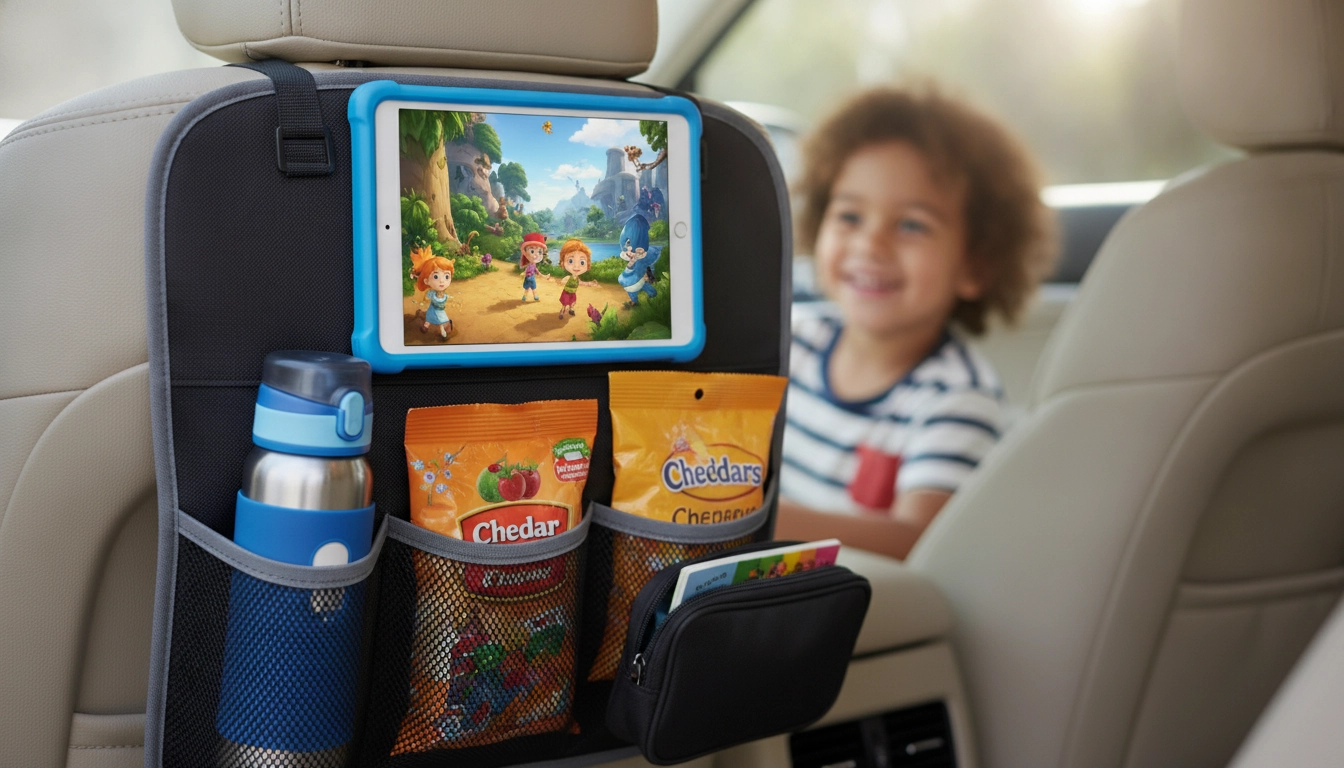 Organiseur de siège arrière pour voiture avec tablette et rangements pratiques.
