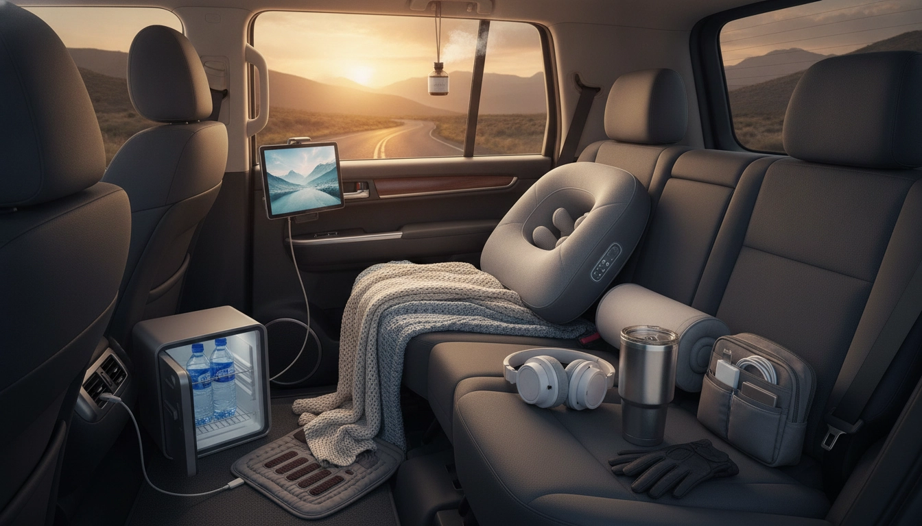Famille souriante utilisant des accessoires de confort lors d'un long trajet en voiture.