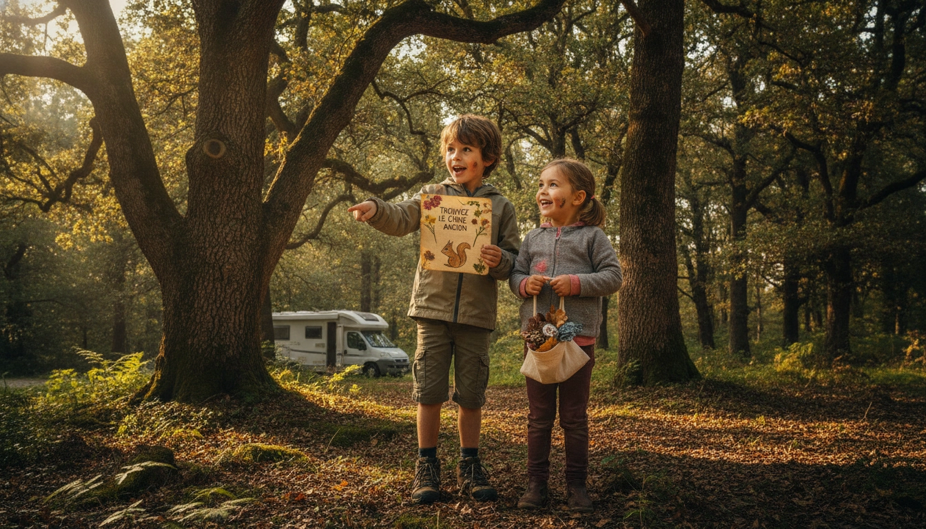 Enfants en train de faire une chasse au trésor dans la nature lors d'une étape de road trip