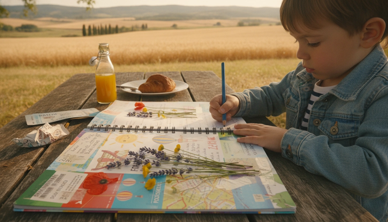 Enfant qui complète son carnet de voyage lors d'une étape de road trip en famille