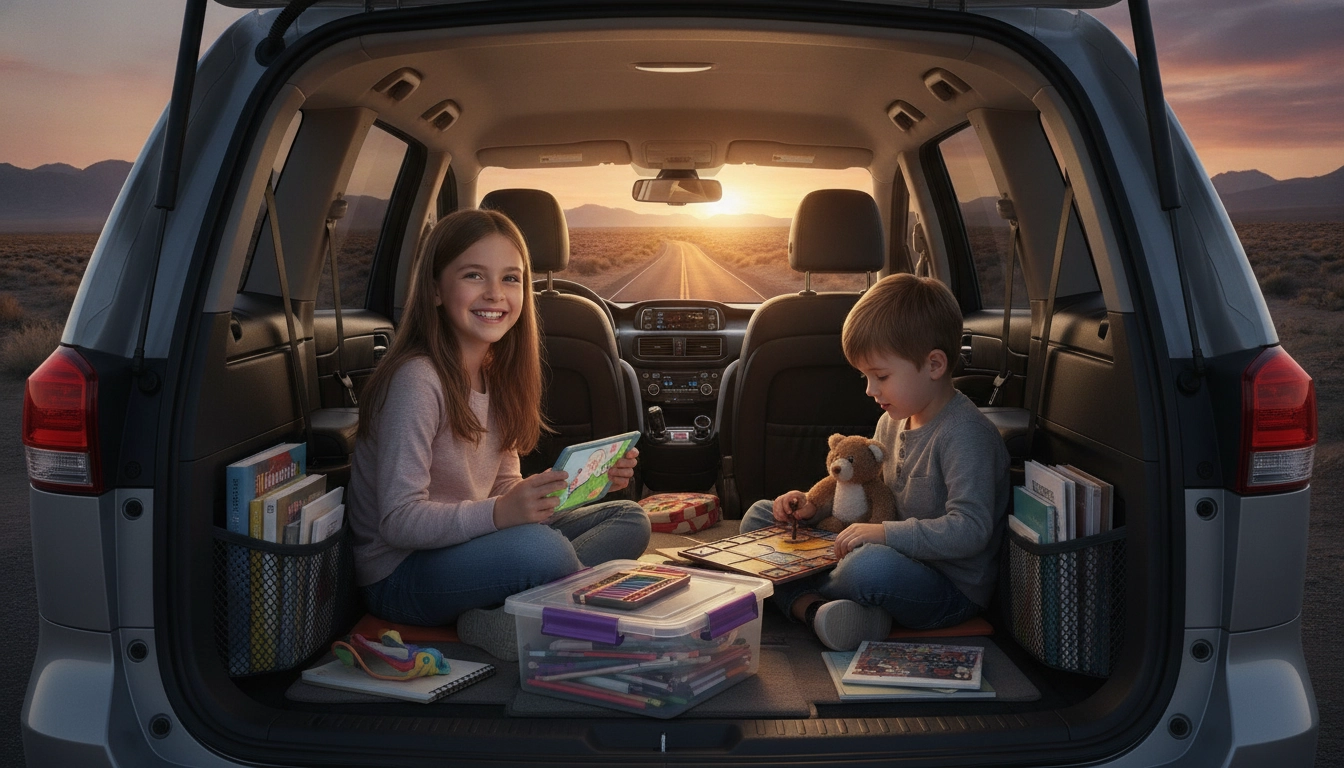 Famille avec enfants jouant à des activités pendant un road trip en France