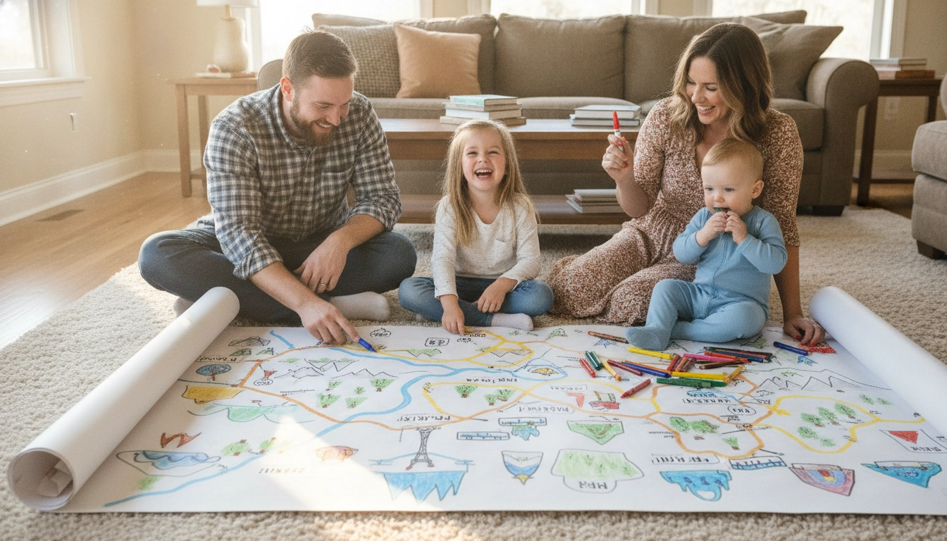 Enfants participant à des activités pour expliquer le trajet du road trip aux enfants sur une carte dessinée au sol.