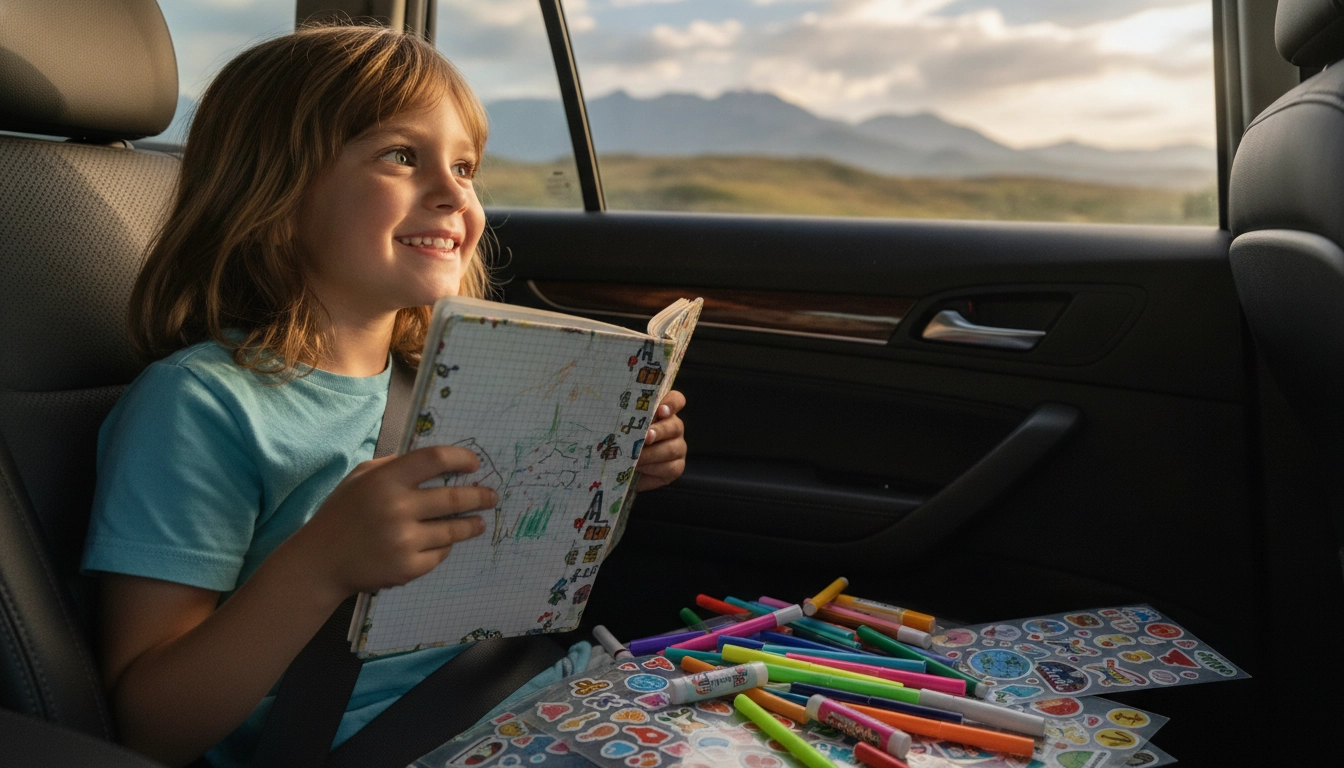 Enfant utilisant un journal de voyage pour suivre son itinéraire.