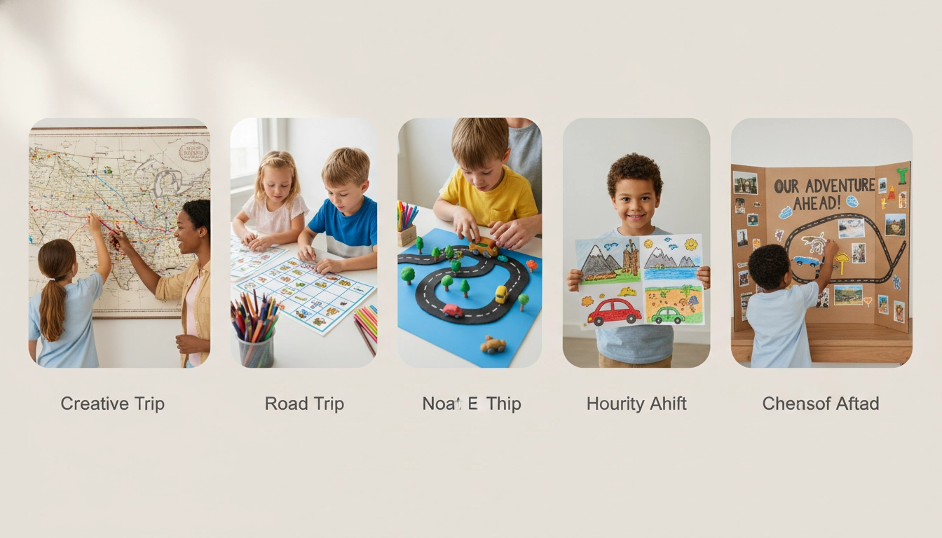 Famille préparant un road trip avec des cartes et des activités pour expliquer le trajet du road trip aux enfants