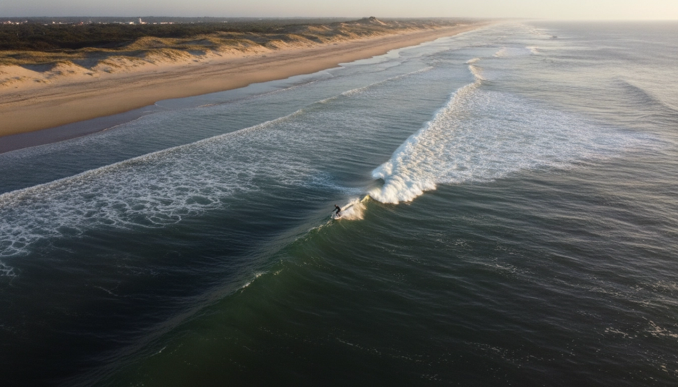 Surfeur débutant sur la côte atlantique française, activités nautiques road trip au lever du soleil