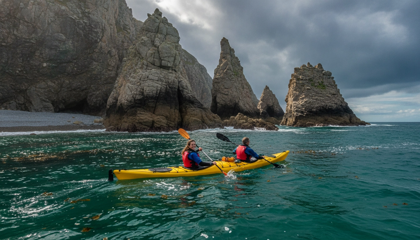 Kayak de mer en Bretagne dans un paysage côtier sauvage, road trip nautique sur les côtes françaises