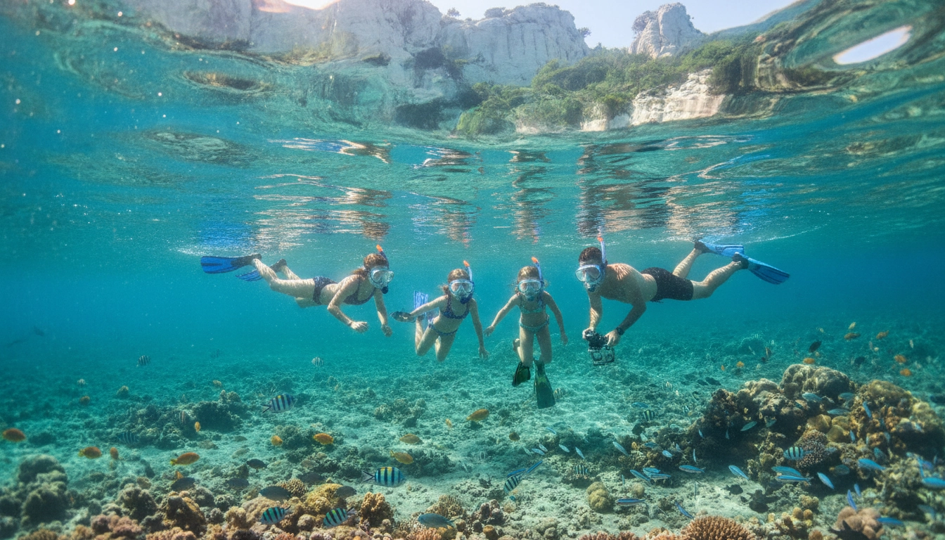 Famille en snorkeling dans les calanques méditerranéennes lors d'un road trip côtier en France