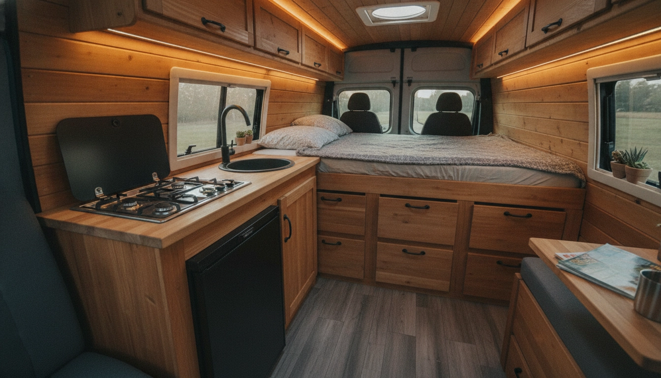 Intérieur complet d'un aménagement van road trip avec lit fixe, cuisine compacte et éclairage LED chaleureux