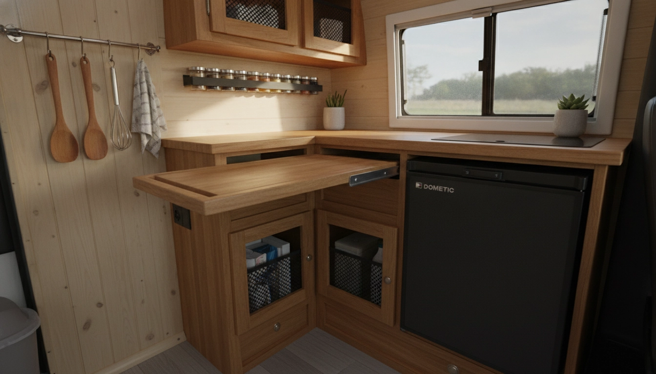 Cuisine compacte et bien organisée dans un van aménagé avec solutions gain de place créatives