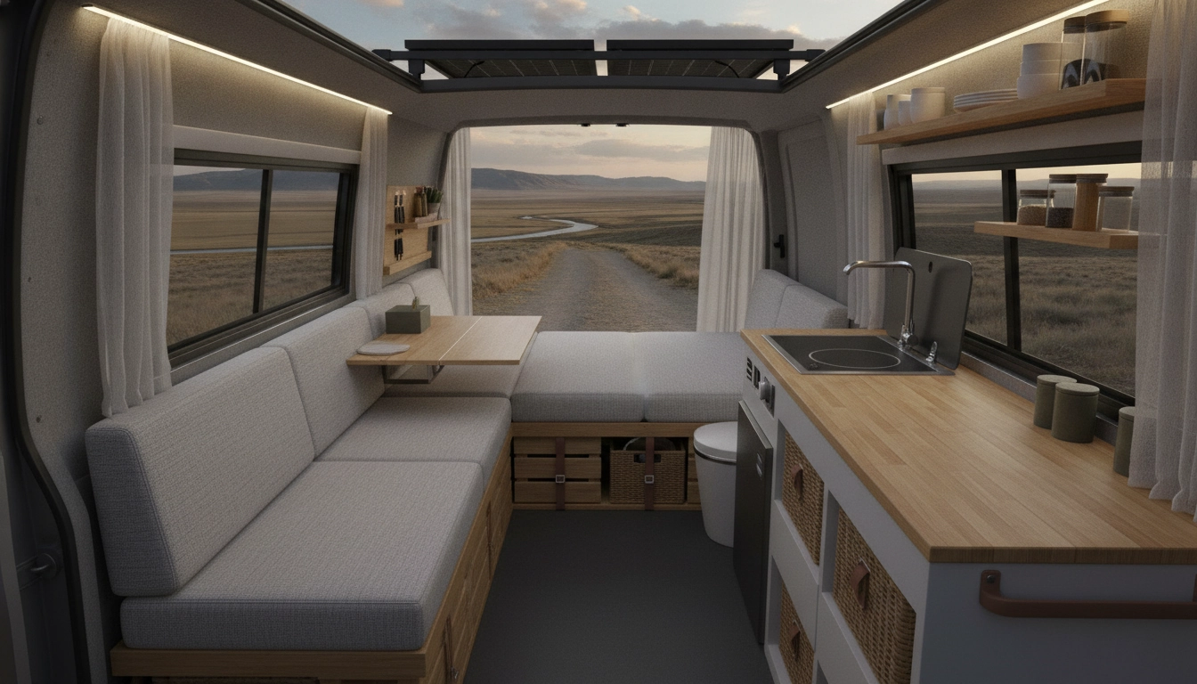 Intérieur d'un van aménagé pour le road trip avec lit, cuisine et rangements optimisés