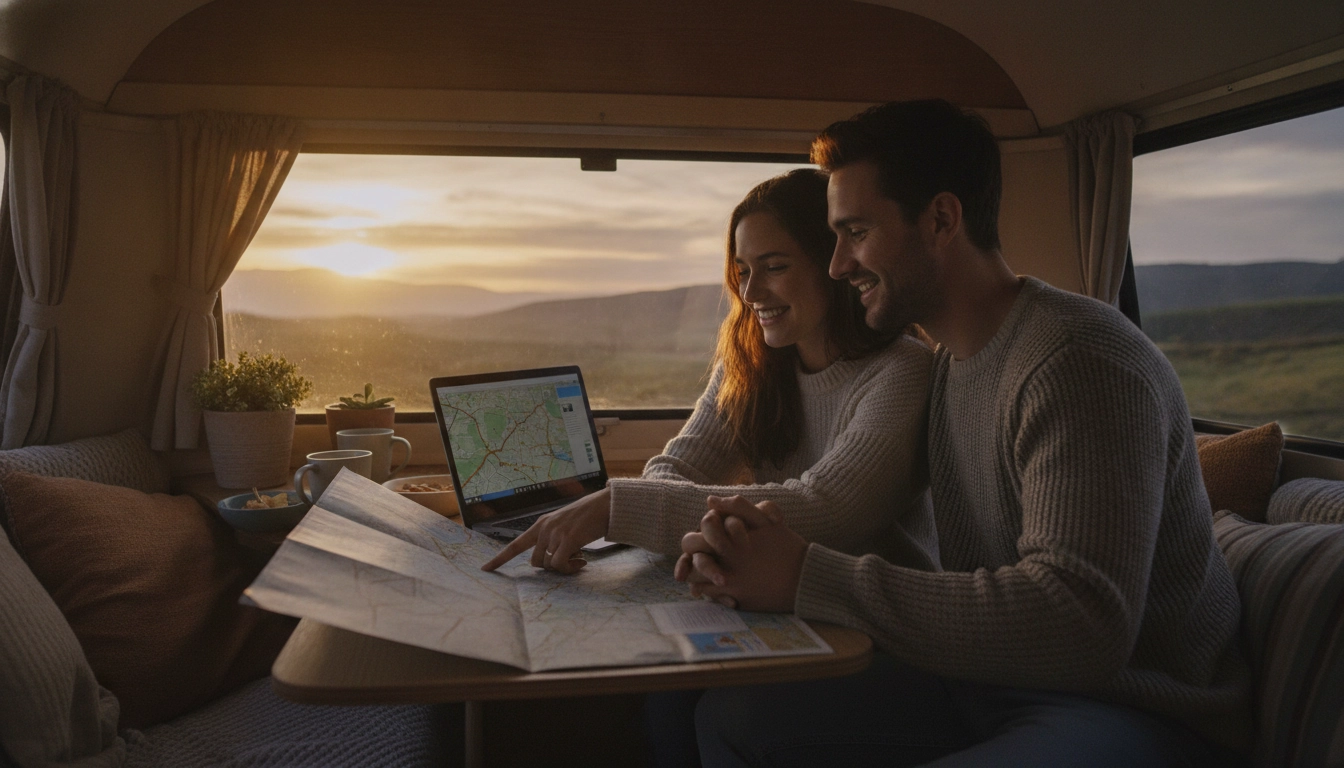 Un couple dans un van en train d'anticiper imprévus financiers road trip avec sérieux et bonne humeur.