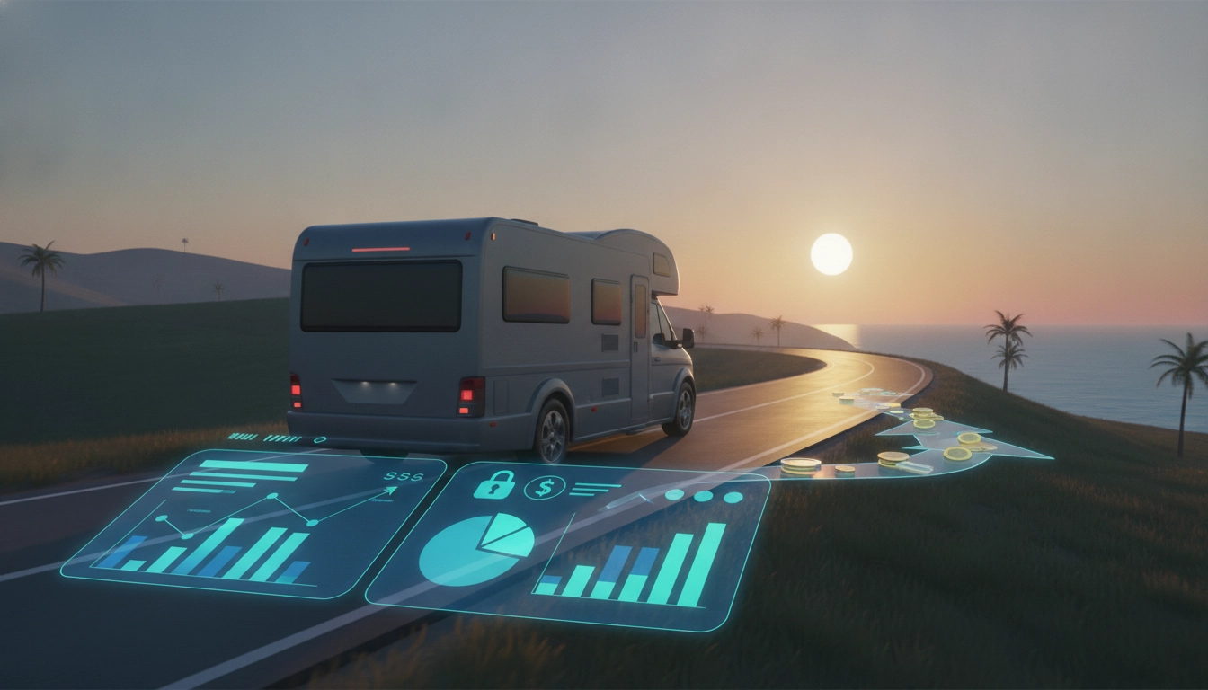 Un couple heureux planifiant leur road trip en consultant une carte et un ordinateur pour anticiper imprévus financiers road trip.