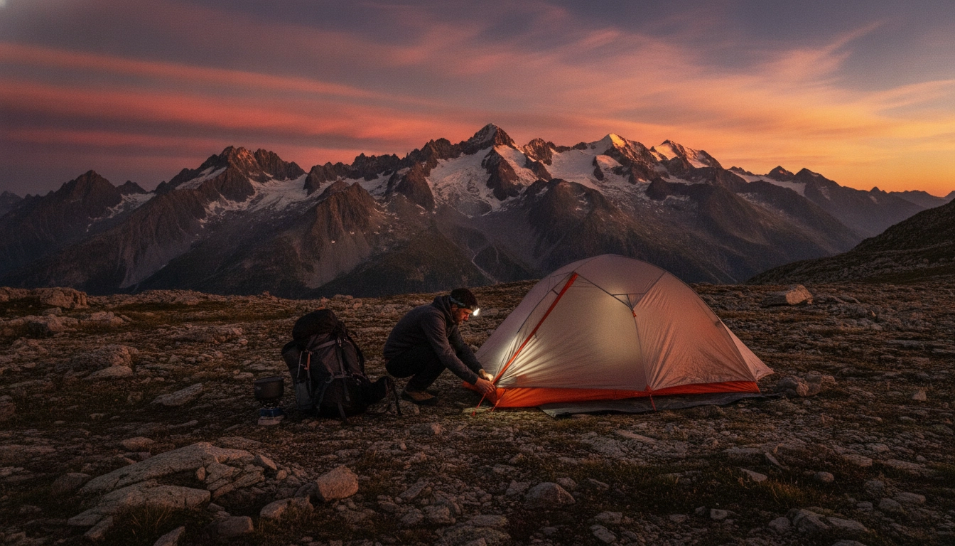 Randonneur installant sa tente pour un bivouac en pleine nature dans les Alpes au coucher du soleil