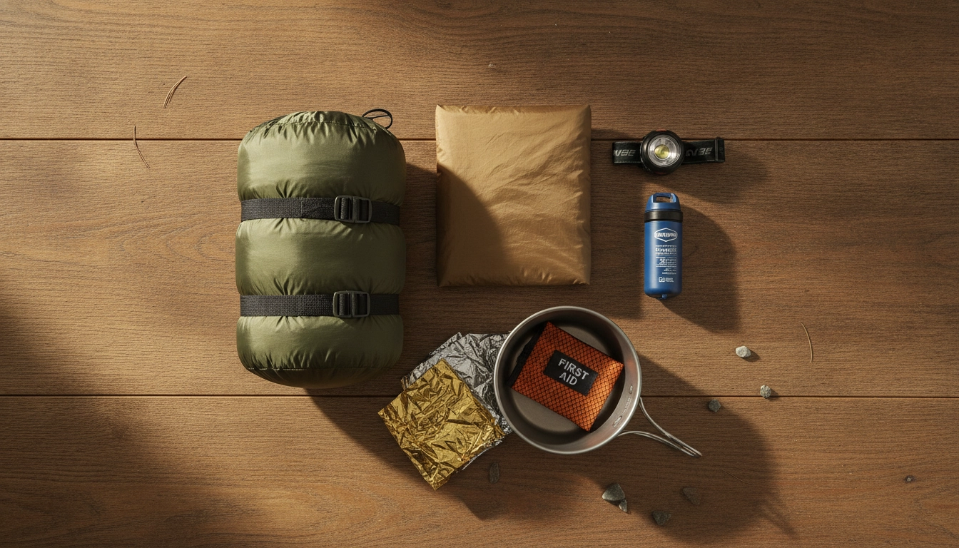 Équipement essentiel pour bivouac en pleine nature : sac de couchage, tarp, frontale et filtre à eau