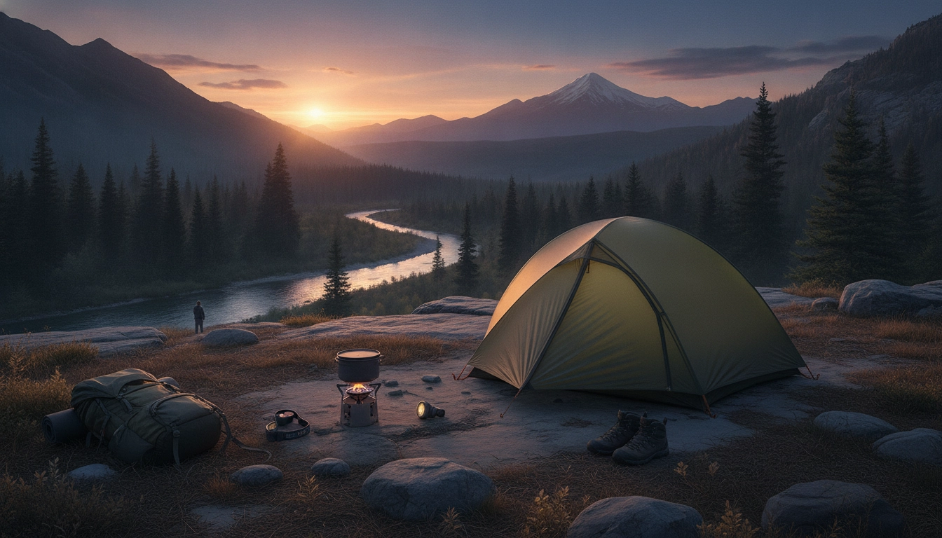 Tente de bivouac en pleine nature au coucher du soleil dans les Alpes françaises