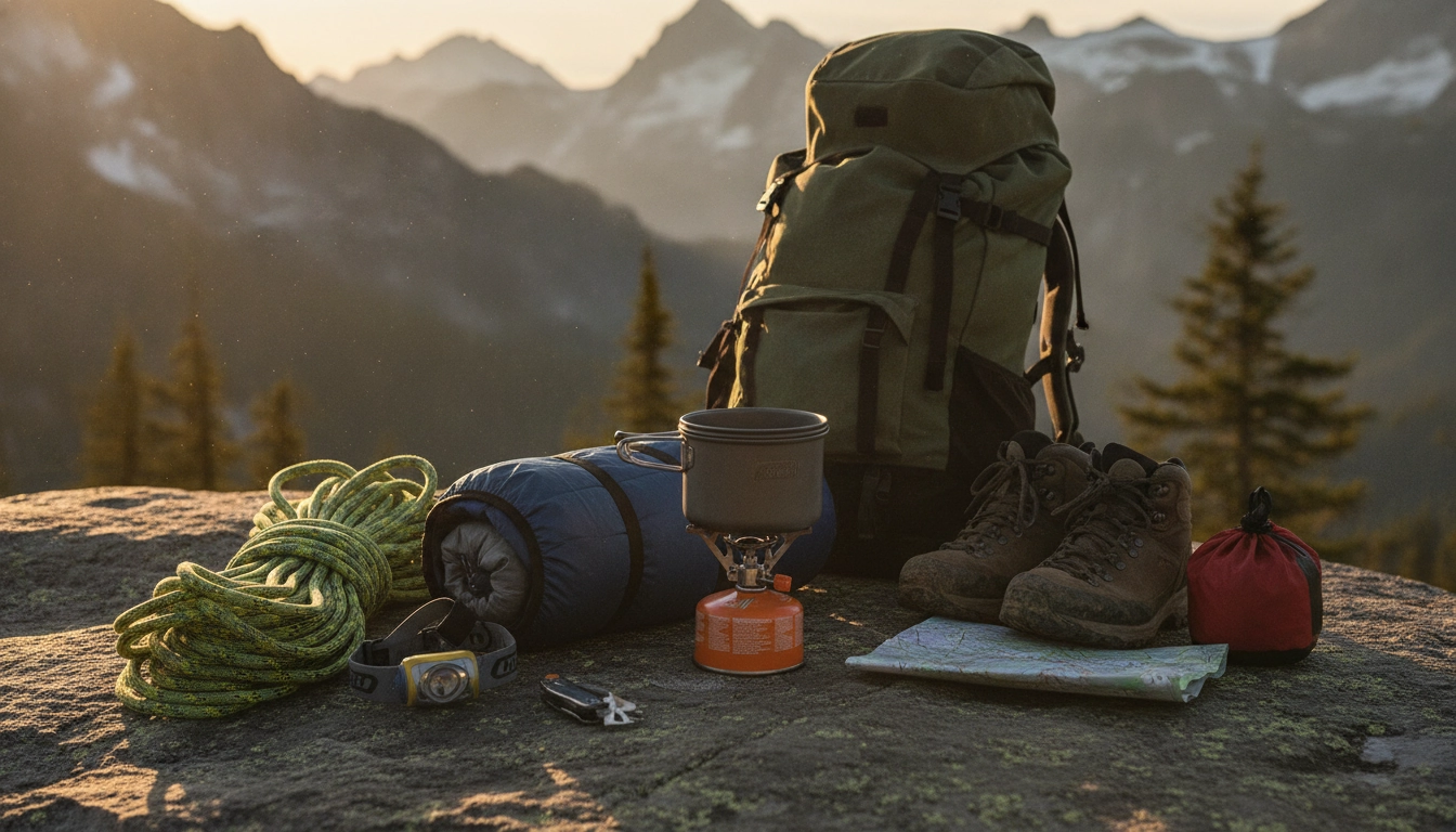 Matériel de randonnée bien organisé pour une nuit de bivouac en montagne.