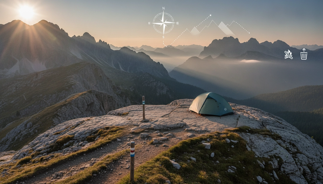 Randonneur contemplant le coucher du soleil lors d'un bivouac légal en montagne