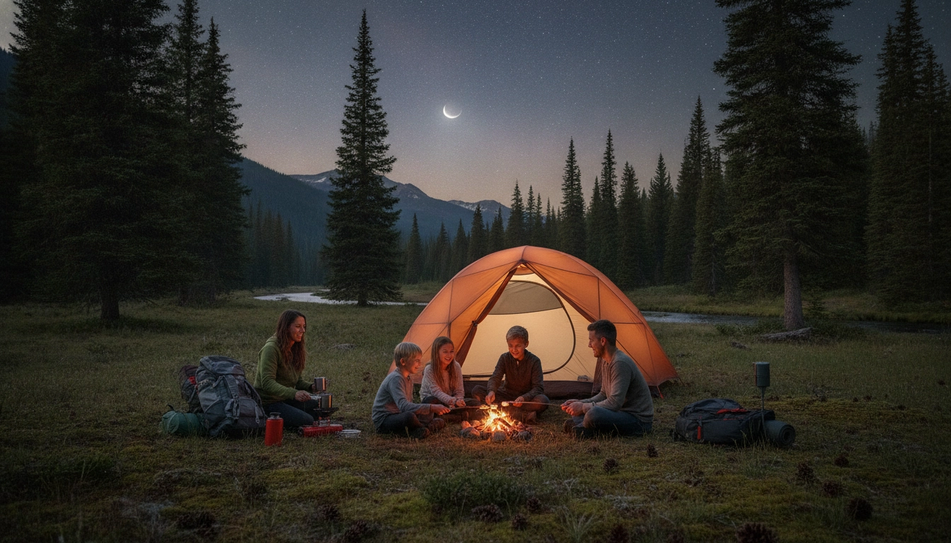 Une famille installant sa tente lors d'un bivouac en pleine nature avec des enfants conseils sécurité en montagne.