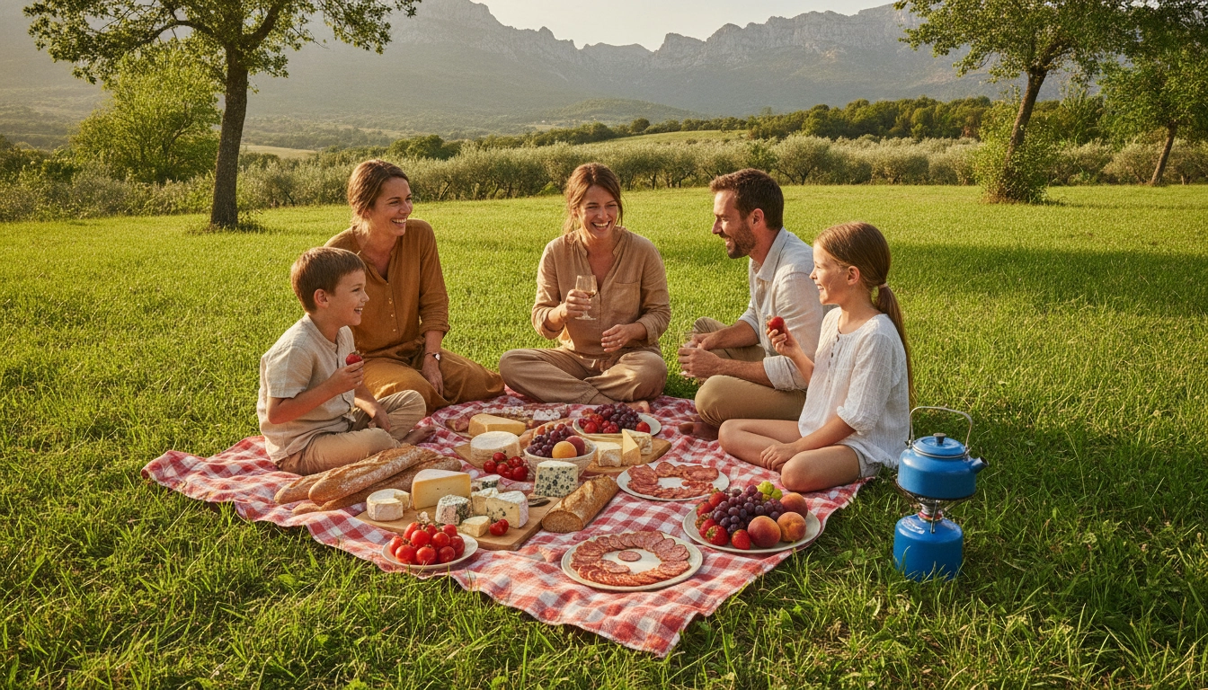 Famille en pique-nique pendant un road trip en France avec des produits locaux achetés au marché