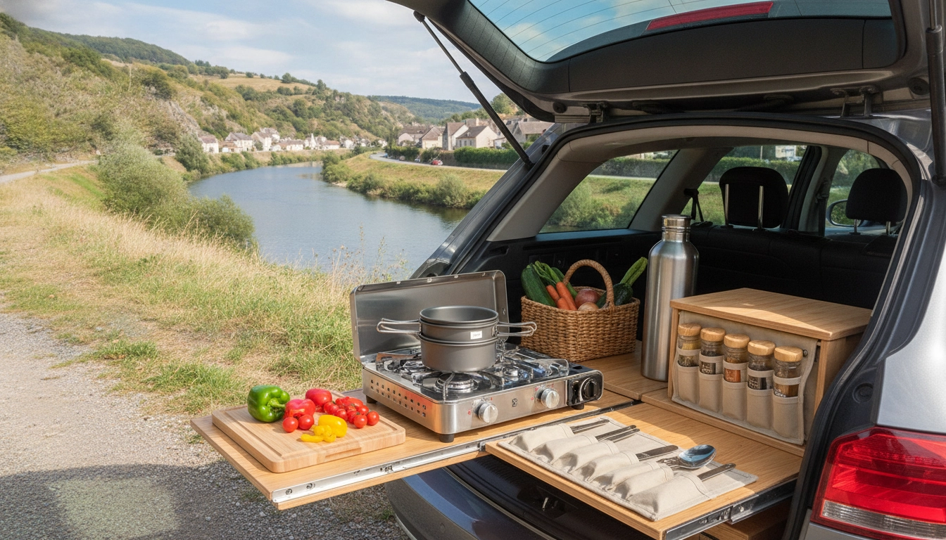 Cuisine nomade dans le coffre d'une voiture pour un road trip économique et délicieux en France