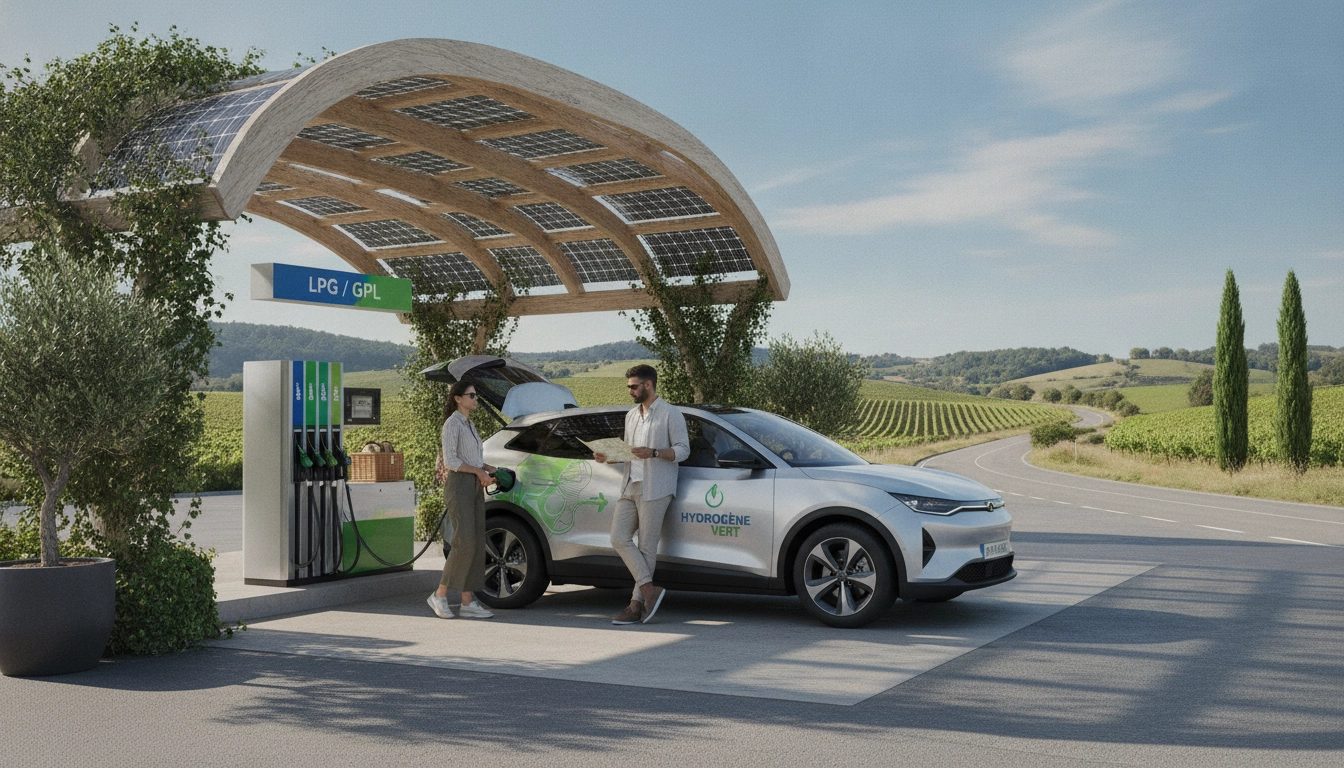 Voyageur utilisant une pompe GPL pour prévoir budget carburant road trip avec véhicule GPL en France.