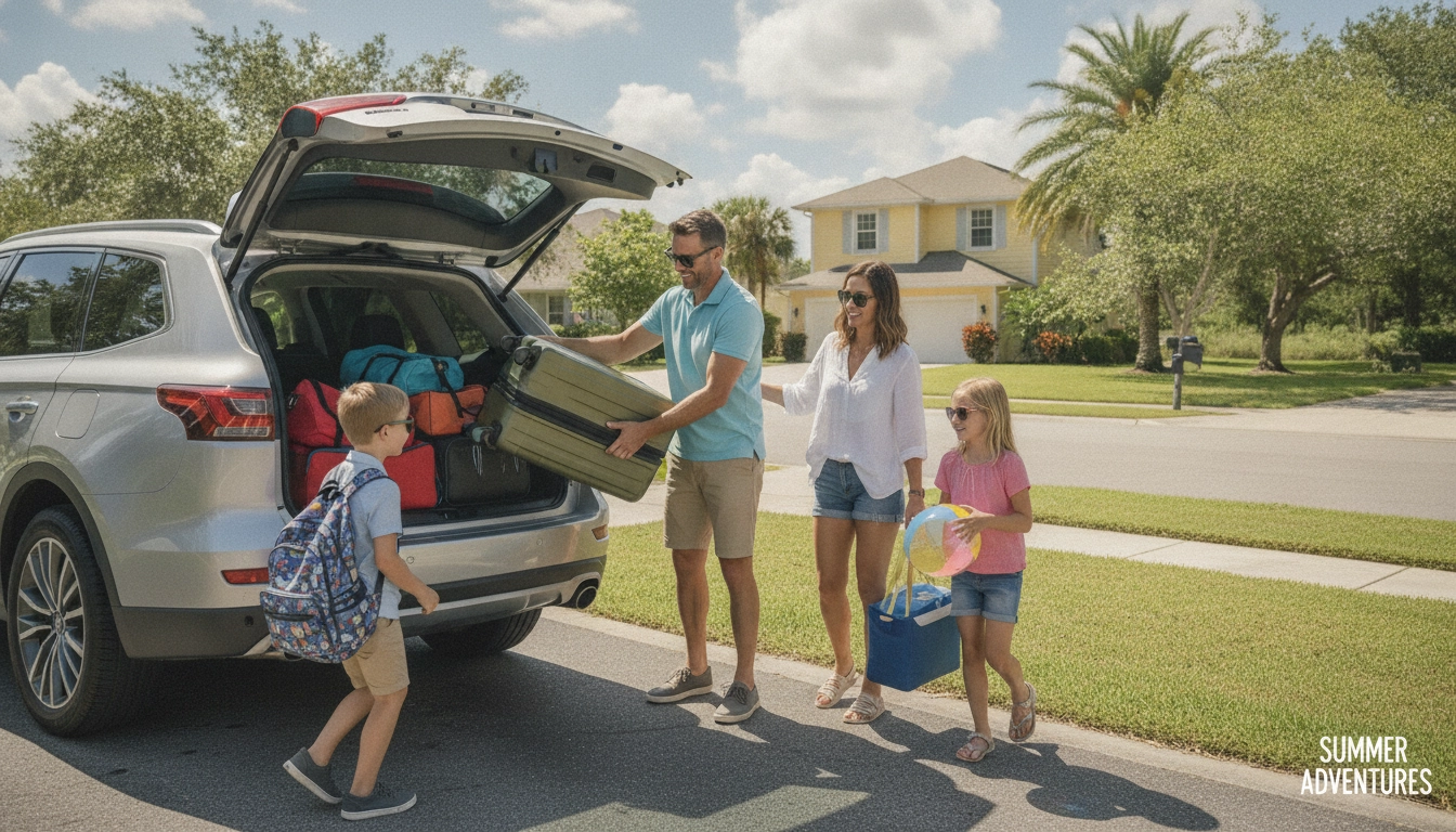 Une famille chargeant une voiture pour partir en vacances et estimer budget carburant road trip voiture chargée famille.