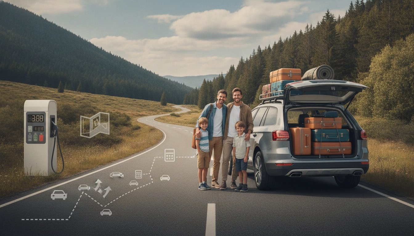 Une famille préparant son véhicule pour un voyage, illustrant comment estimer budget carburant road trip voiture chargée famille efficacement.