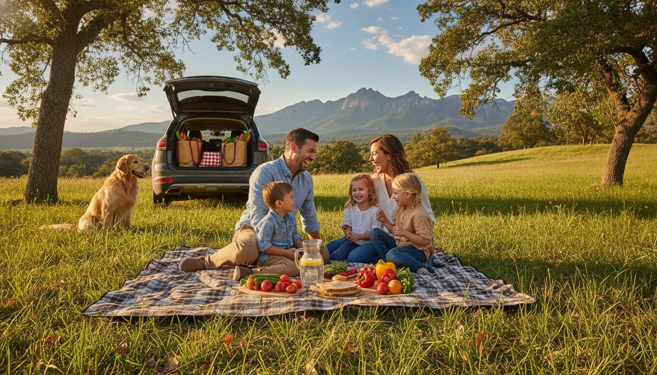 Famille organisant un pique-nique sain pour un budget nourriture road trip famille pas cher