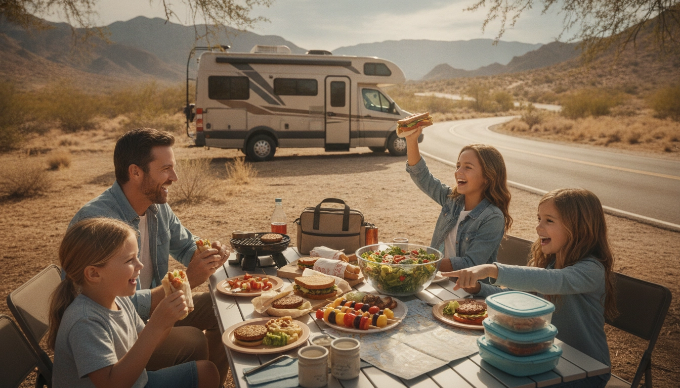 Famille heureuse préparant un pique-nique sain lors d'un road trip pour respecter un budget nourriture road trip famille pas cher.