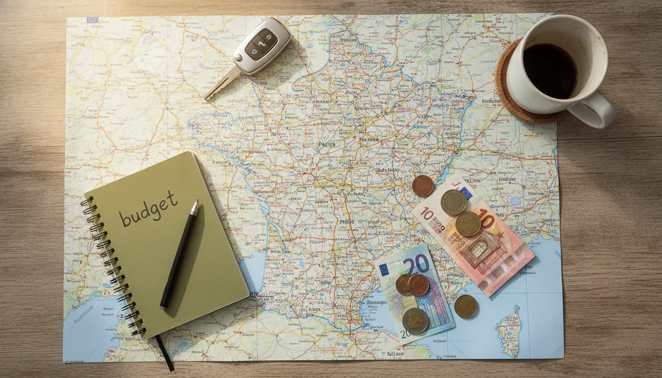 Planification d'un budget road trip France avec carte routière, carnet de notes et billets d'euros sur une table en bois