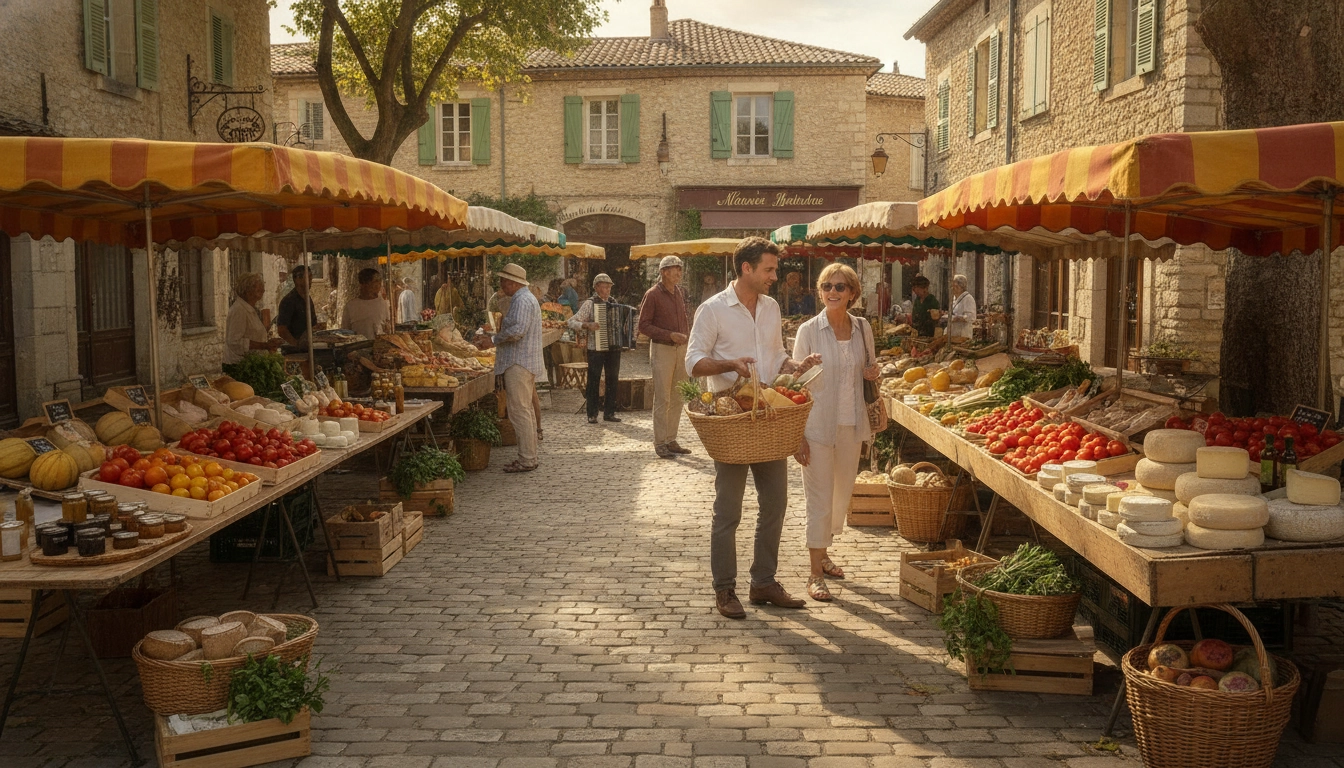 Marché local provençal pour faire des courses économiques pendant un road trip en France