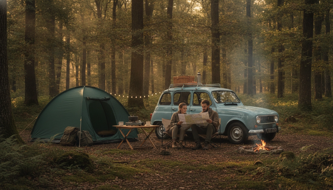 Camping économique en forêt française lors d'un road trip, avec tente et réchaud portable pour réduire les coûts d'hébergement et de repas
