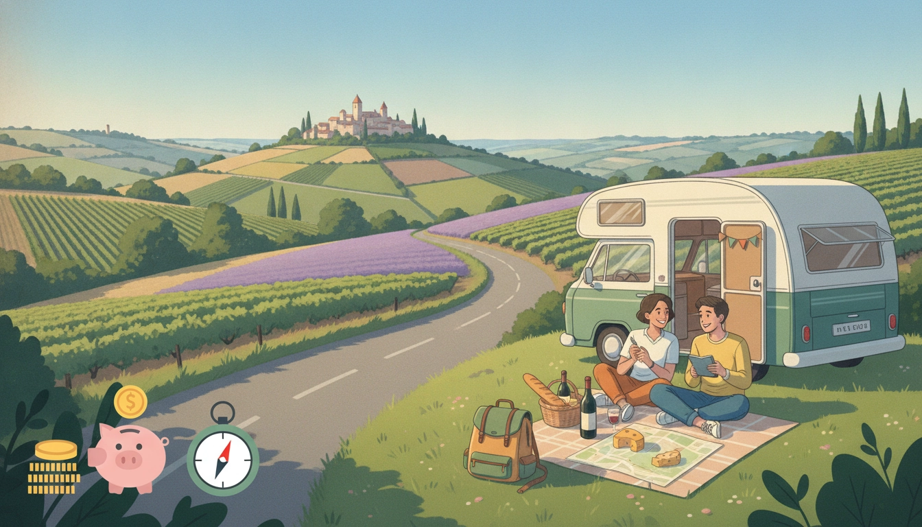Carte routière de France posée sur le tableau de bord d'une voiture avec un carnet de budget road trip France