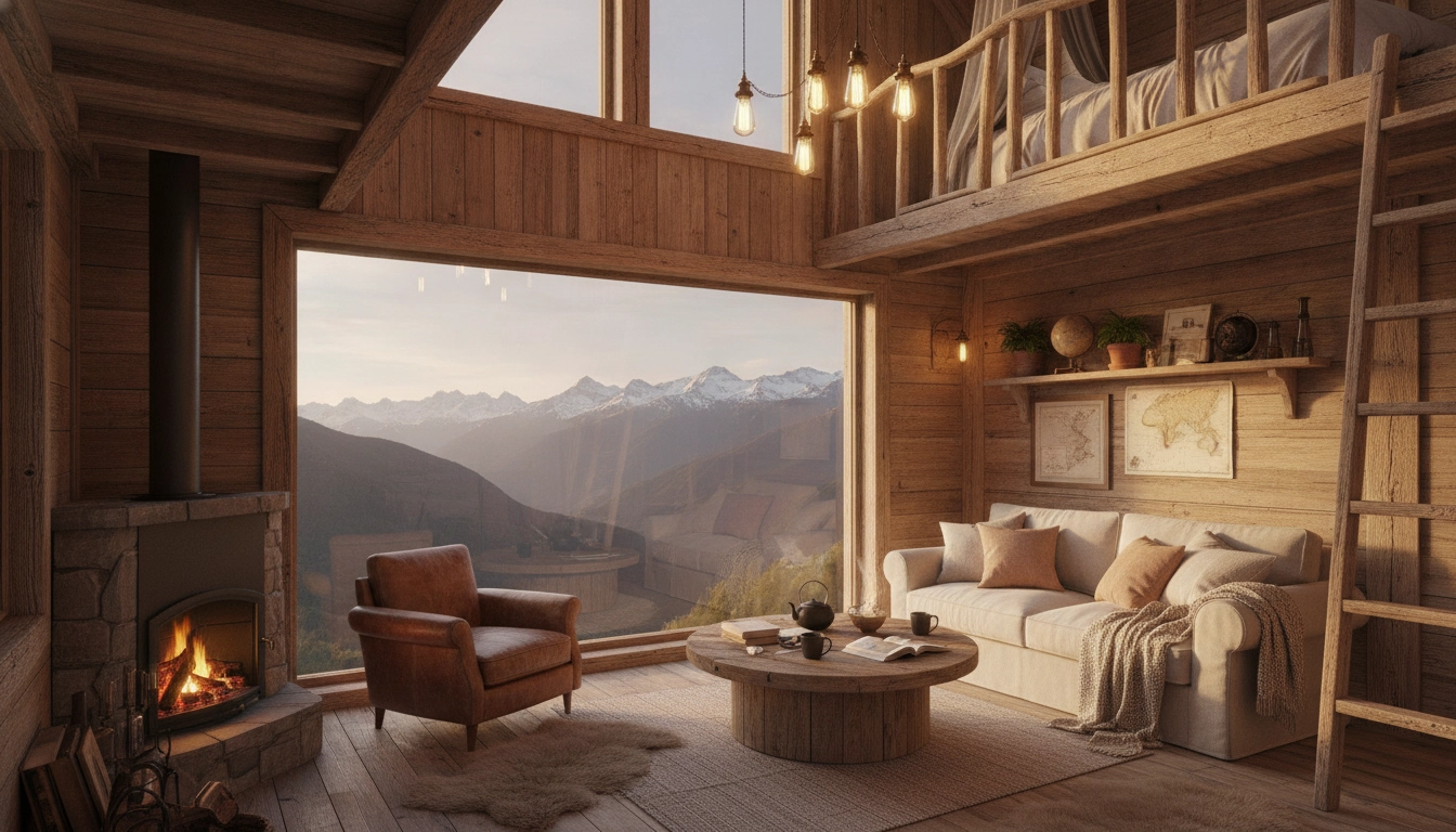 Intérieur chaleureux d'une cabane perchée avec vue imprenable sur les montagnes.