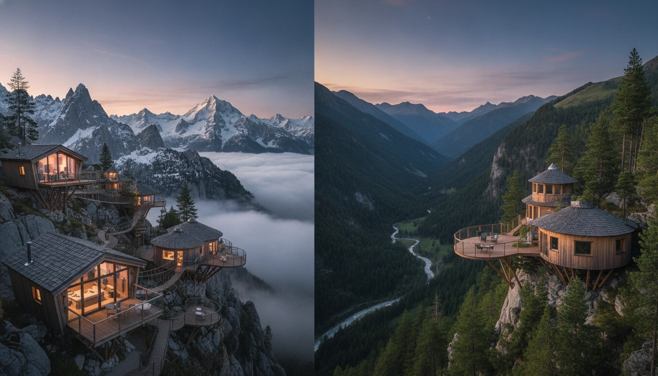 Vue spectaculaire sur une cabane dans les arbres montagne Pyrénées Alpes avec vue panoramique au coucher du soleil