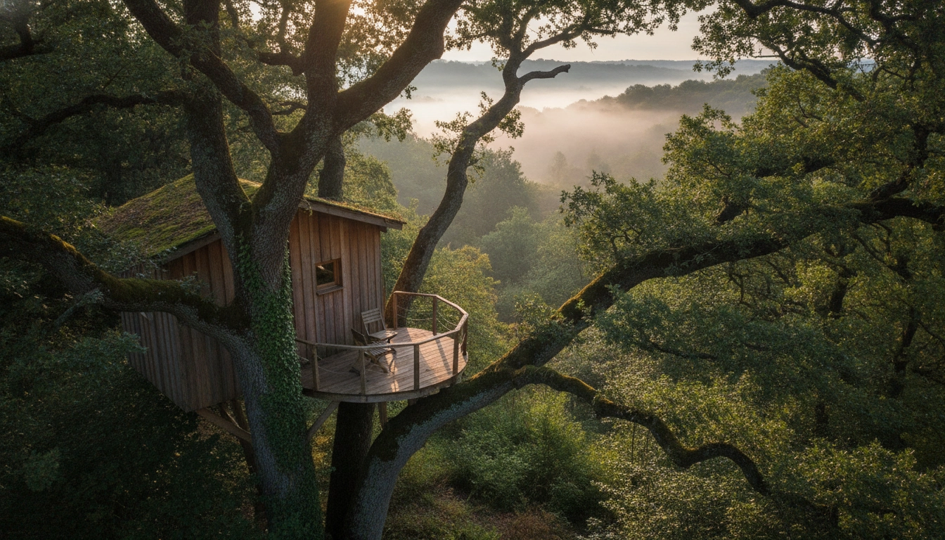 Cabane dans les arbres en France perchée dans des chênes centenaires au coucher du soleil