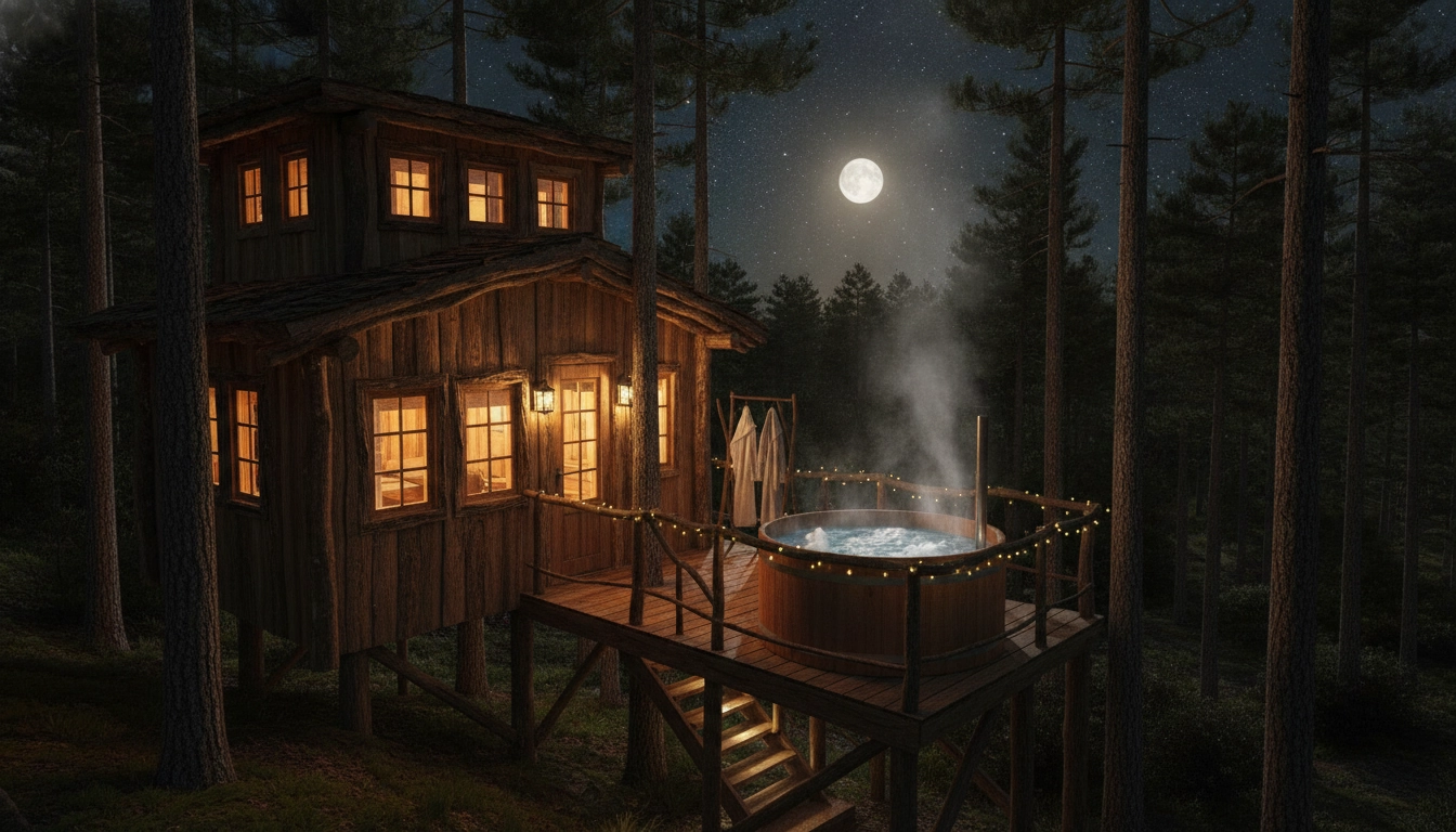 Cabane romantique dans les arbres avec bain nordique en forêt française sous un ciel étoilé
