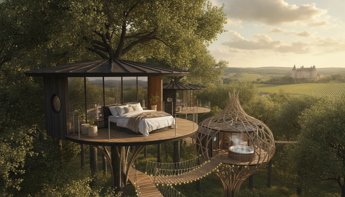 Vue panoramique d'une cabane dans les arbres en France entourée de feuillage dense au coucher du soleil