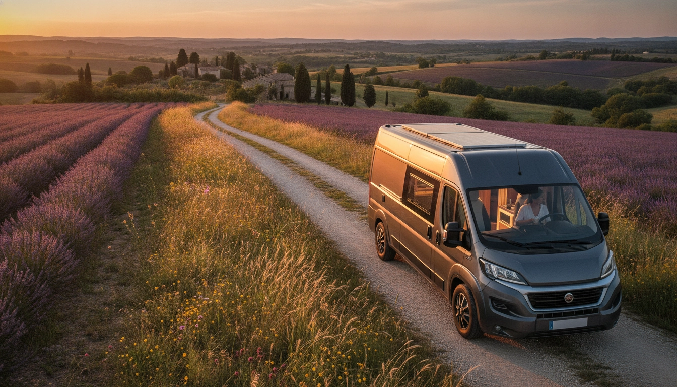 Un van aménagé profitant d'un camping sauvage légal France road trip van dans un cadre bucolique.