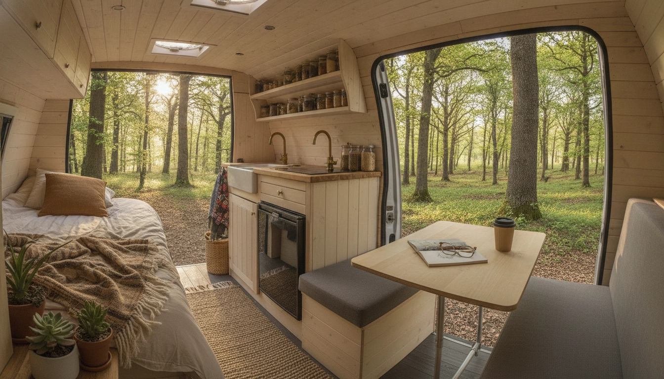 Aménagement intérieur d'un van pour un road trip respectueux de l'environnement en France.