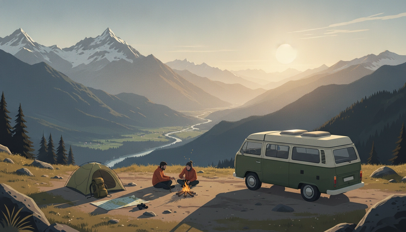 Un van aménagé stationné légalement dans un paysage naturel français pour un road trip en toute liberté.