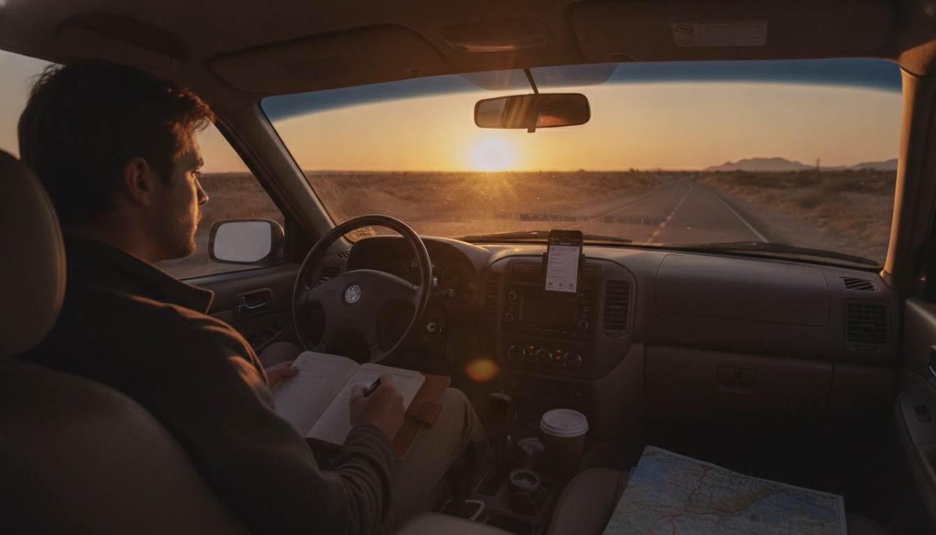 Un voyageur notant les catégories de dépenses à suivre pendant un road trip en France pour bien gérer son budget.