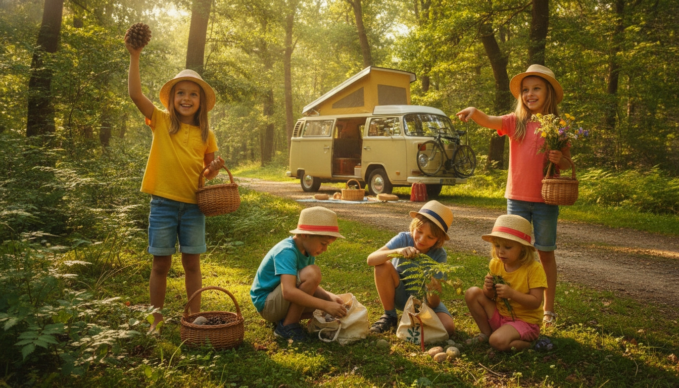 Une famille en pleine chasse au trésor nature enfants road trip France dans une forêt ensoleillée.