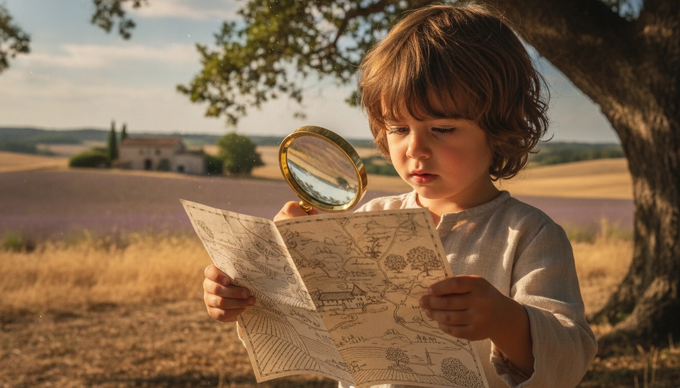 Enfant utilisant une loupe lors d'une chasse au trésor nature enfants road trip France.