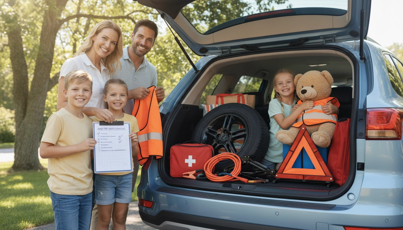 La checklist sécurité enfants avant départ road trip famille en cours de vérification par des parents attentifs.