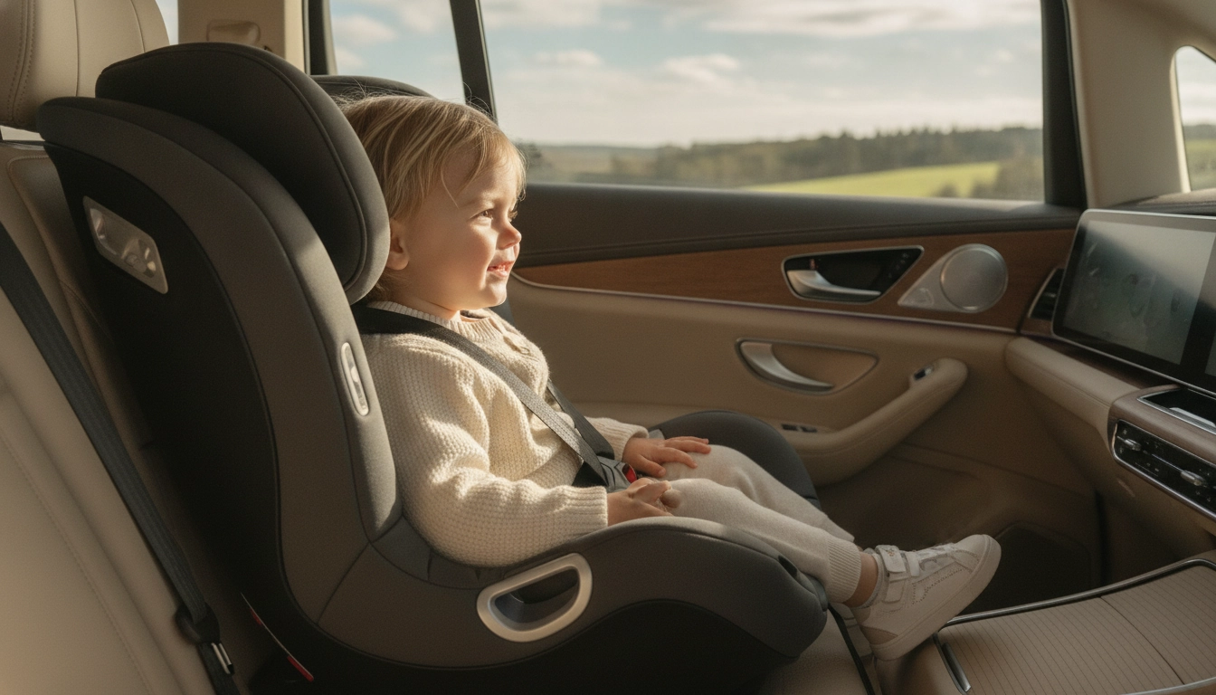Enfant installé en toute sécurité dans son siège auto avant le départ.