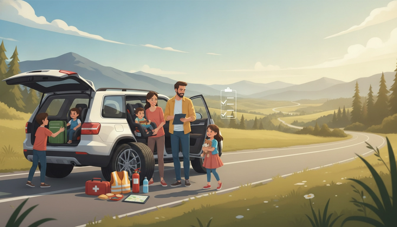 Une famille heureuse préparant sa voiture avec une checklist sécurité enfants avant départ road trip famille sur le tableau de bord.