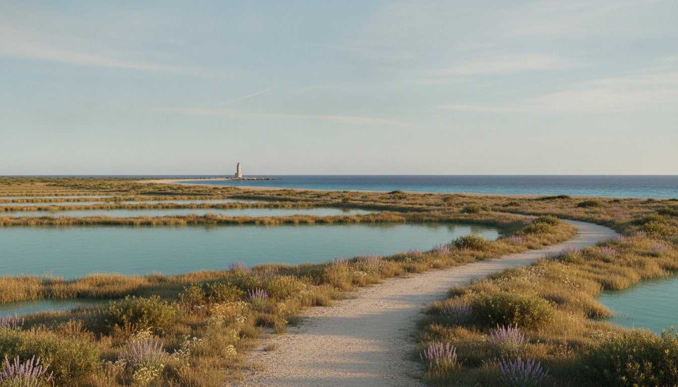 Un chemin côtier secret en Languedoc étangs préservés sous une lumière dorée au lever du soleil.