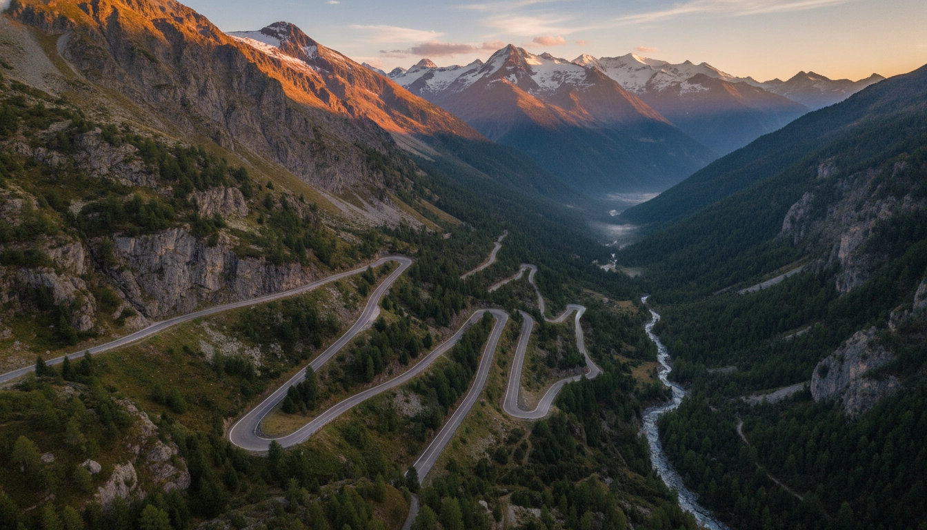 Vue aérienne d'une route de cols montagne mythiques avec lacets dans les Alpes françaises au lever du soleil