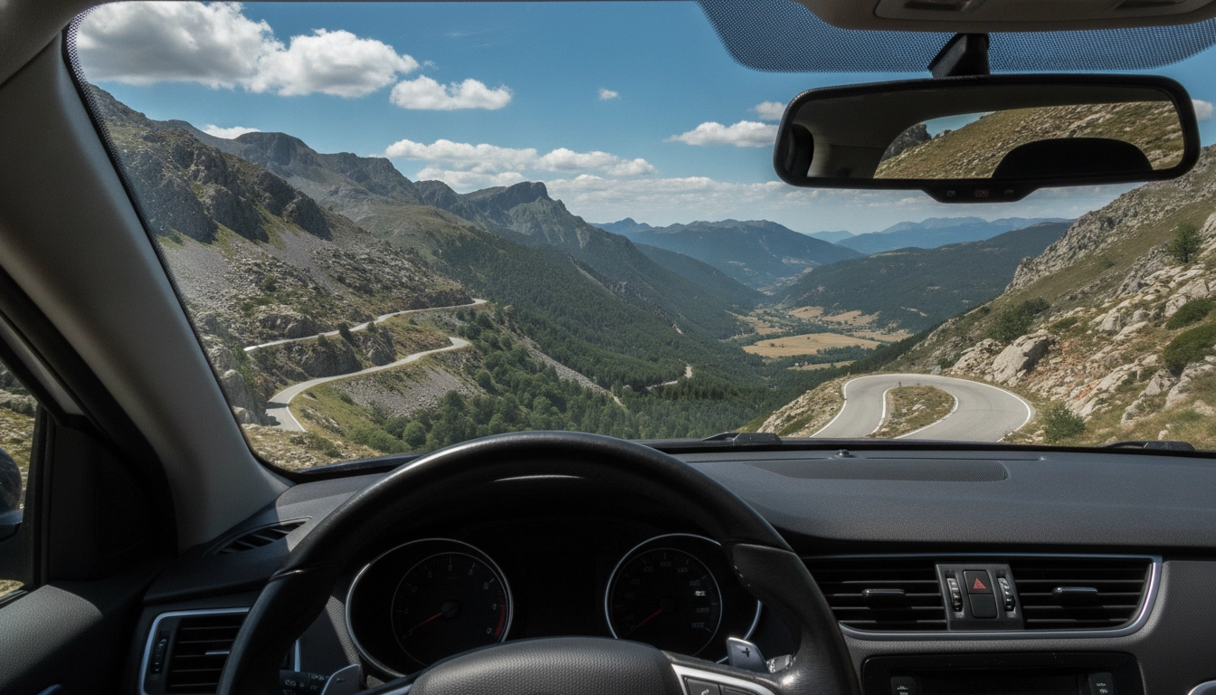 Perspective conducteur depuis l'intérieur d'une voiture sur une route de col de montagne dans les Pyrénées
